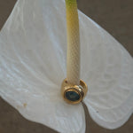 Gold ring with a green stone on a white flower petal