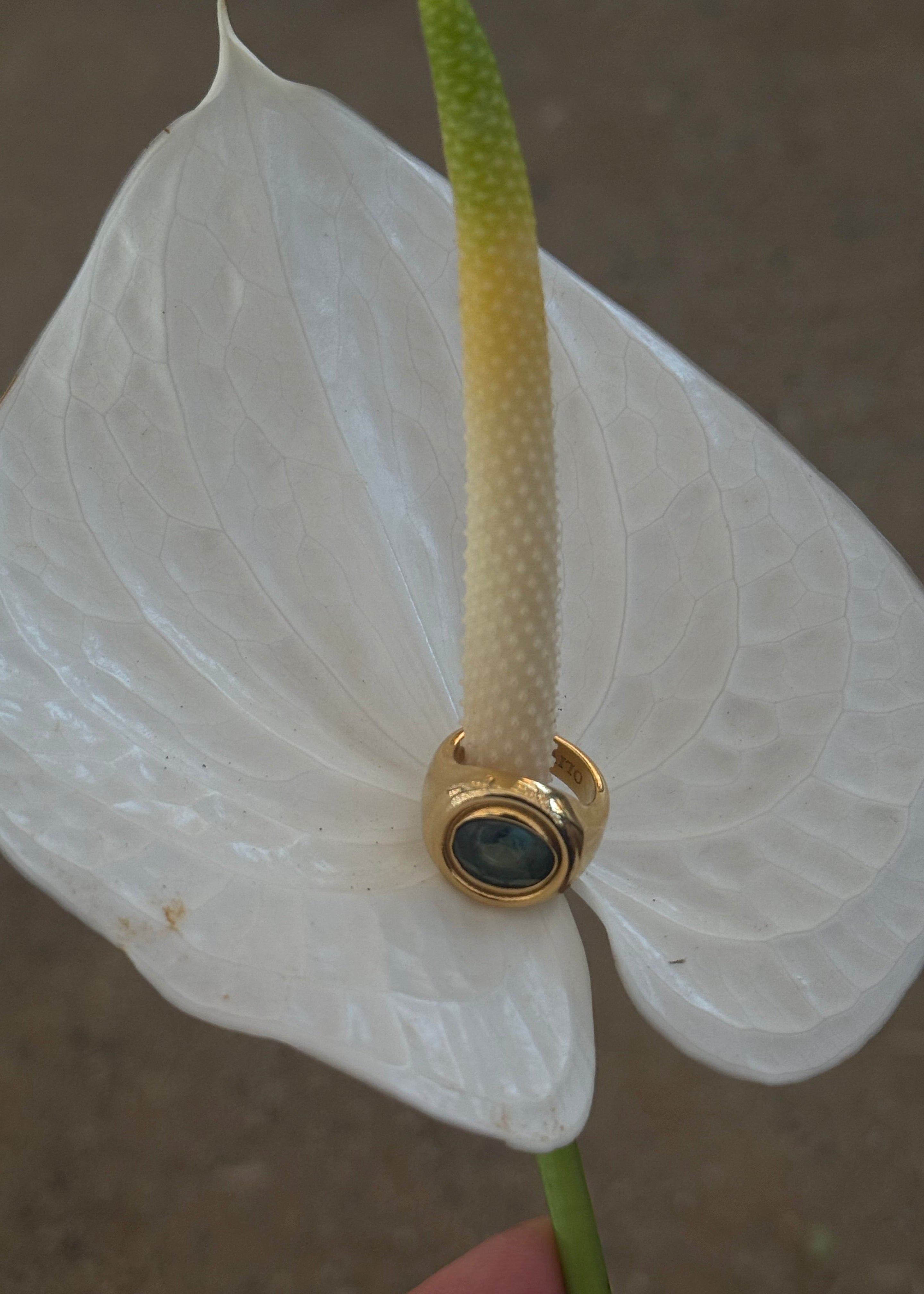Gold ring with a green stone on a white flower petal